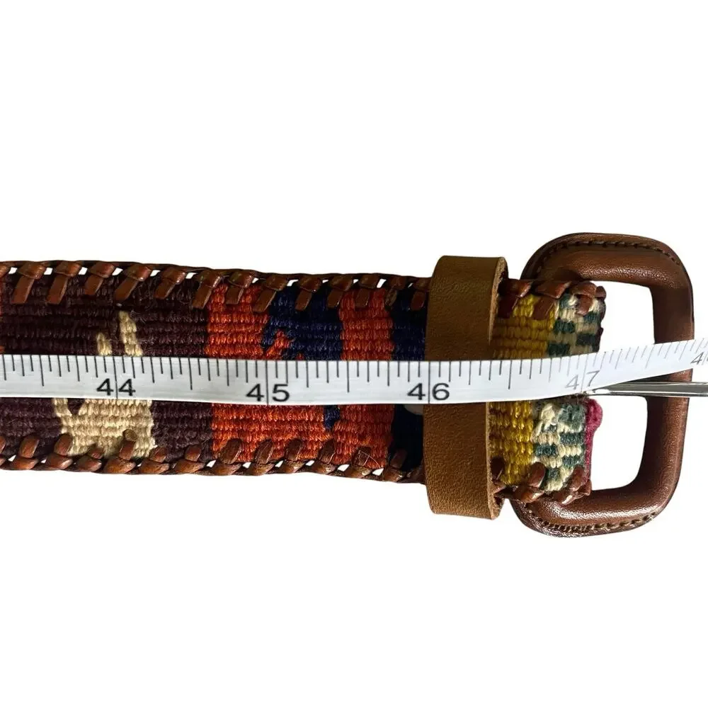 Handmade Leather Mayan Woven Textile Belt Unisex 42 Artisan Whipstitch Boho
